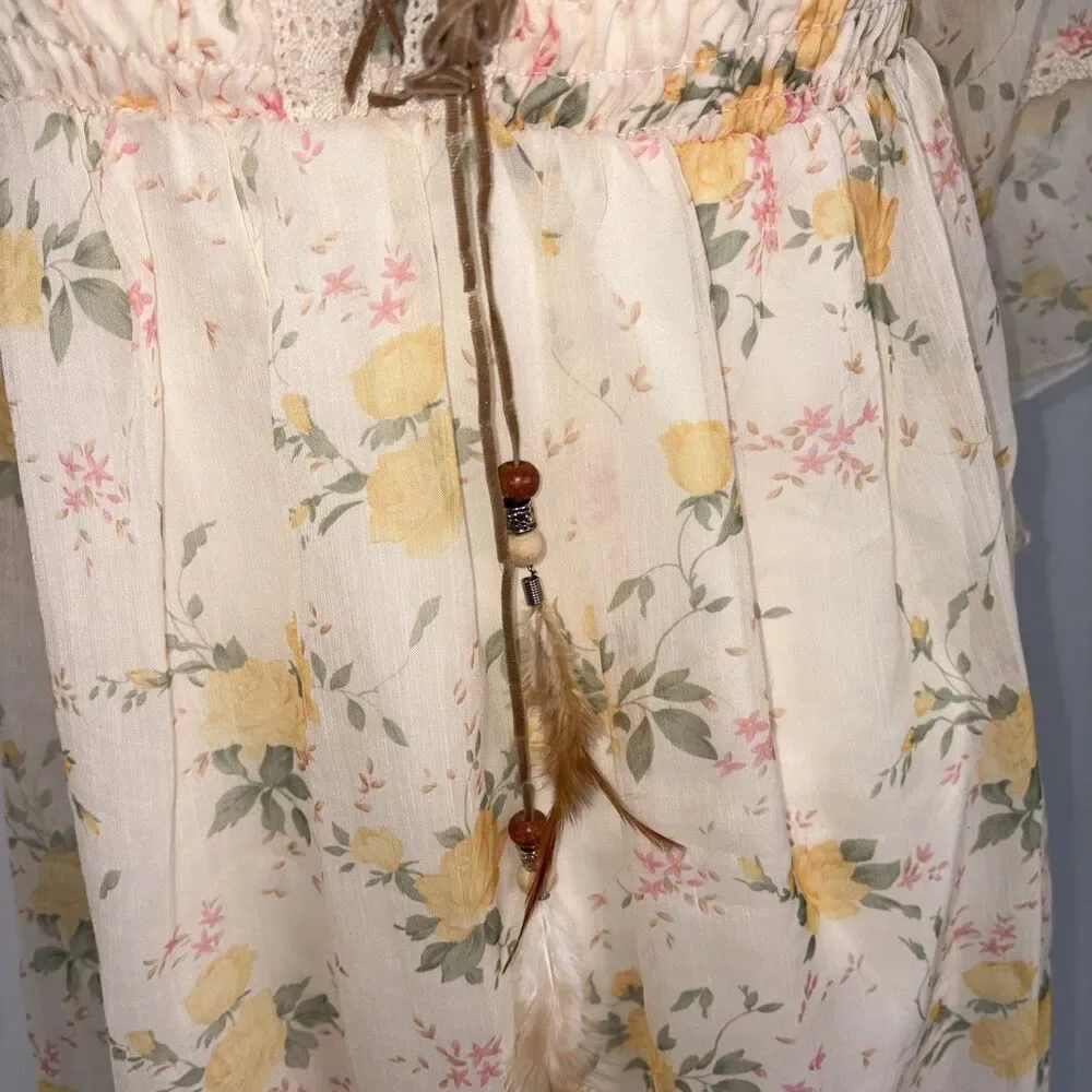 Boho Cowgirl Coquette Cottagecore Mini Dress Feathers  Crochet Empire‎ Waist Y2K